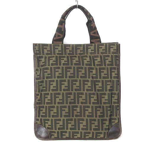 フェンディ　トートバッグ　ズッカ柄　A4　肩がけ　キャンバス　レザー　カーキ FENDI フェンディ ズッカ柄 キャンバス×レザー トートバッグ A4