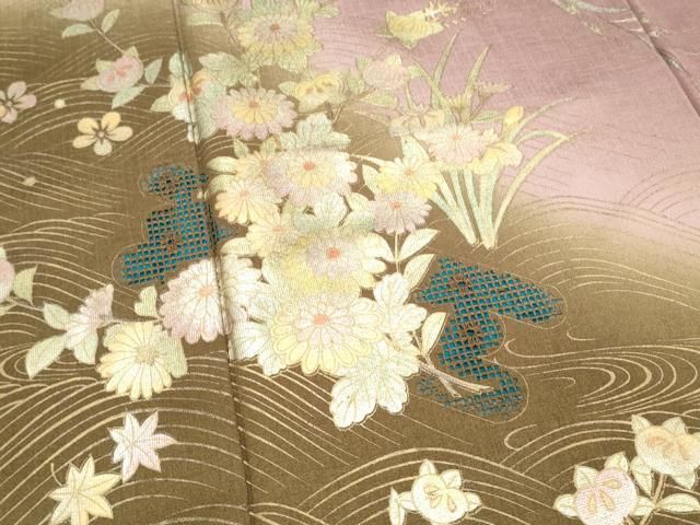 平和屋着物▽中国三大刺繍 スワトウ刺繍 訪問着 花筏文 暈し染め 金彩