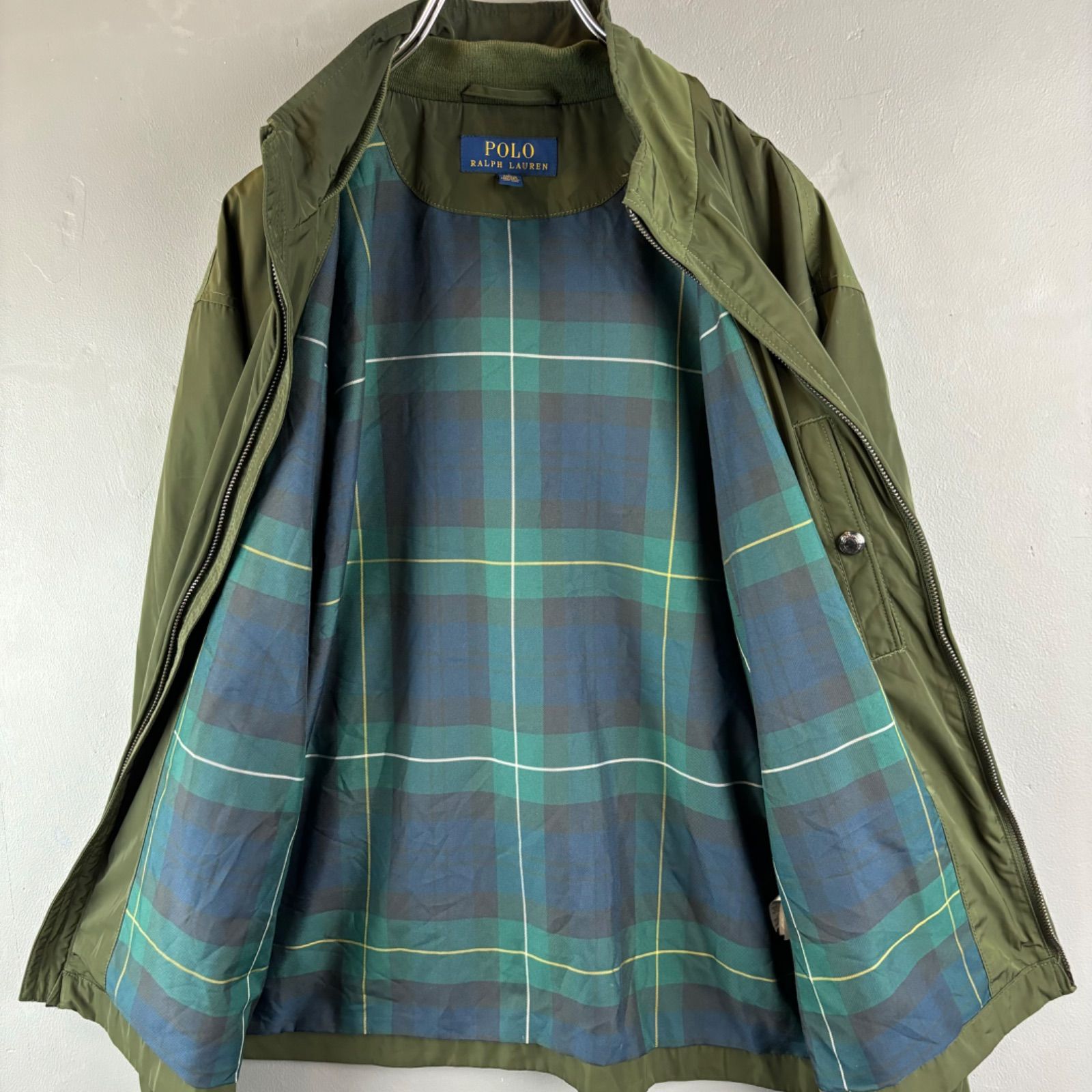 POLO RALPH LAUREN Logo Embroidery Swing Top Jacket Green ポロラルフローレン スウィングトップ ジップアップ ジャケット ブルゾン 内側チェック柄 オリーブ