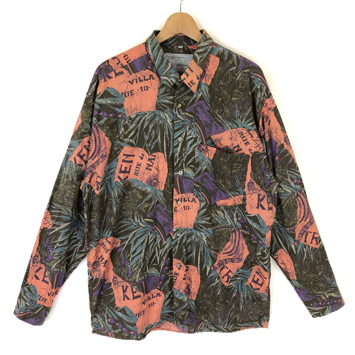【古着】 B.W.MOSS 総シャツ 文字 フォント リーフ 長袖 ブラウン系 メンズXL 【中古】 n031523