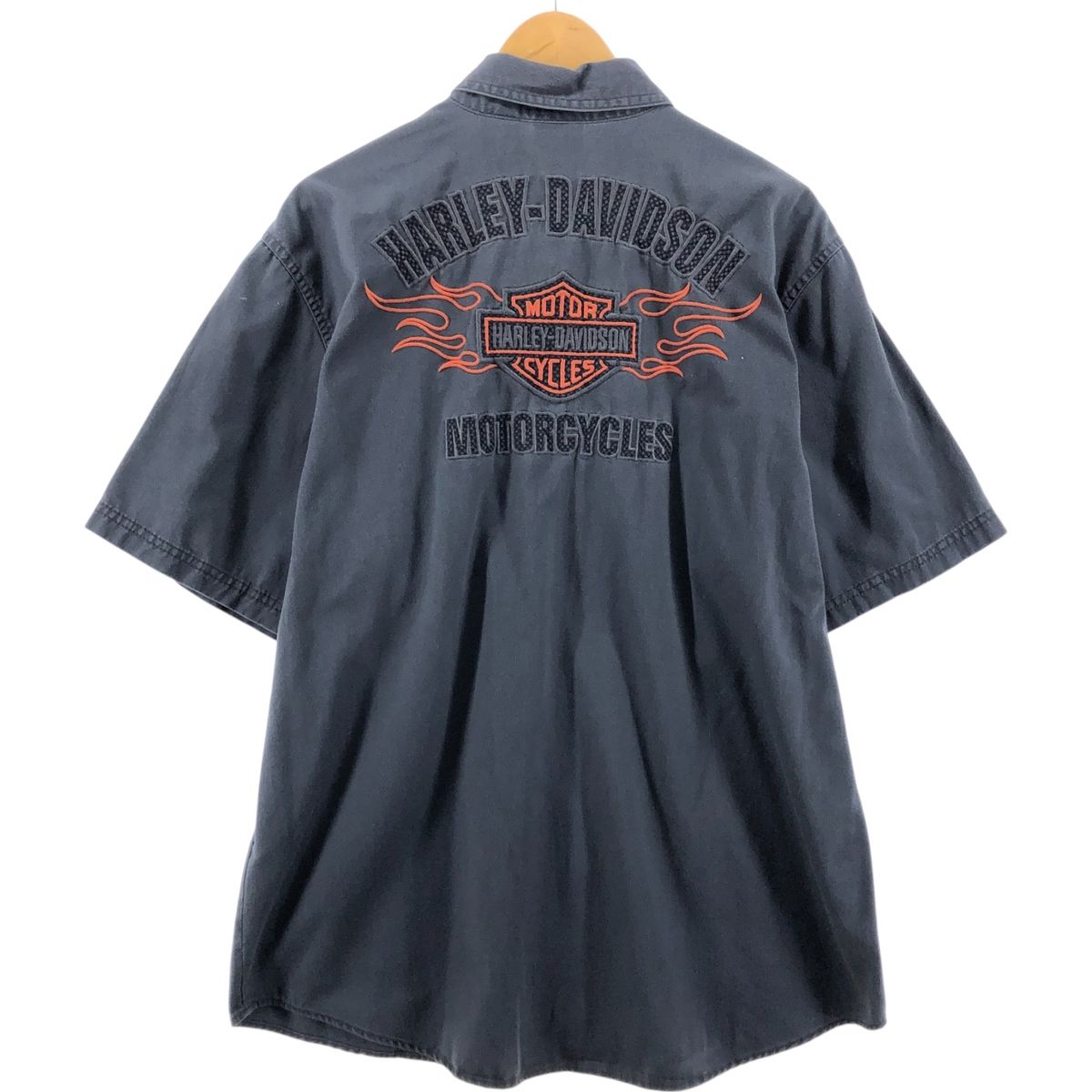 ハーレーダビッドソン 半袖ワークシャツ ファイヤー　harleydavidson 古着 ハーレーダビッドソン Harley-Davidson ファイヤーパターン 半袖