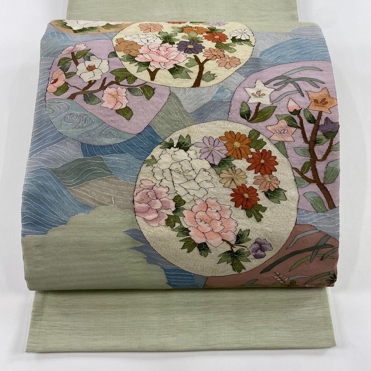 袋帯 草花 波 金銀糸 灰緑 お太鼓柄 正絹