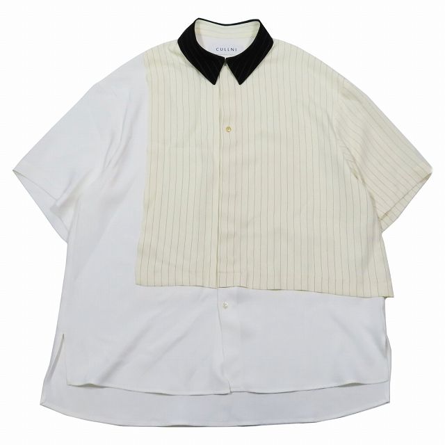 美品 24SS クルニ CULLNI Double Cloth Asymmetrical Stripe Short Sleeve Shirt シャツ 半袖 レイヤードデザイン カットソー 1 ホワイト 24-SS-043/2 メンズ レディース