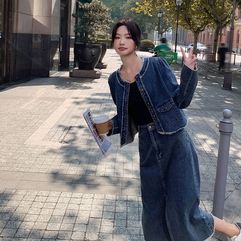 セットアップ レディース デニム 秋 ショート丈 丸襟 半身スカート スリットFS 5523