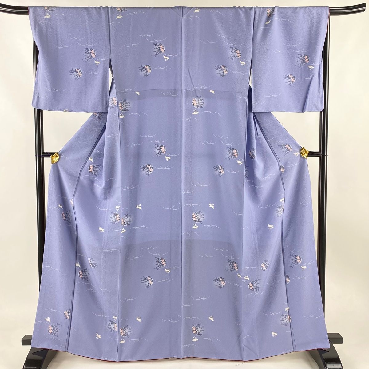 最旬ダウン 小紋 秀品 正絹 灰紫 縮緬 草花 うさぎ 袷 L 裄丈70cm 身丈165cm 着物・浴衣