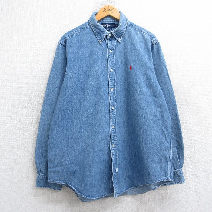 XL|古着 ラルフローレン 長袖 ブランド シャツ メンズ 90s ワンポイントロゴ 大きいサイズ ロング丈 コットン ボタンダウン 紺 ネイビー デ