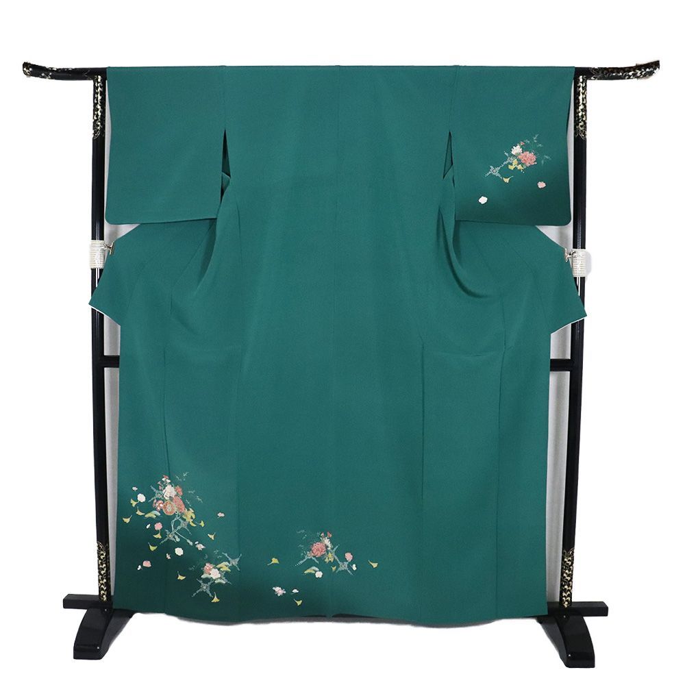単衣 訪問着 正絹 緑 暈し 花車 菊 桜 銀杏 松 トールサイズ