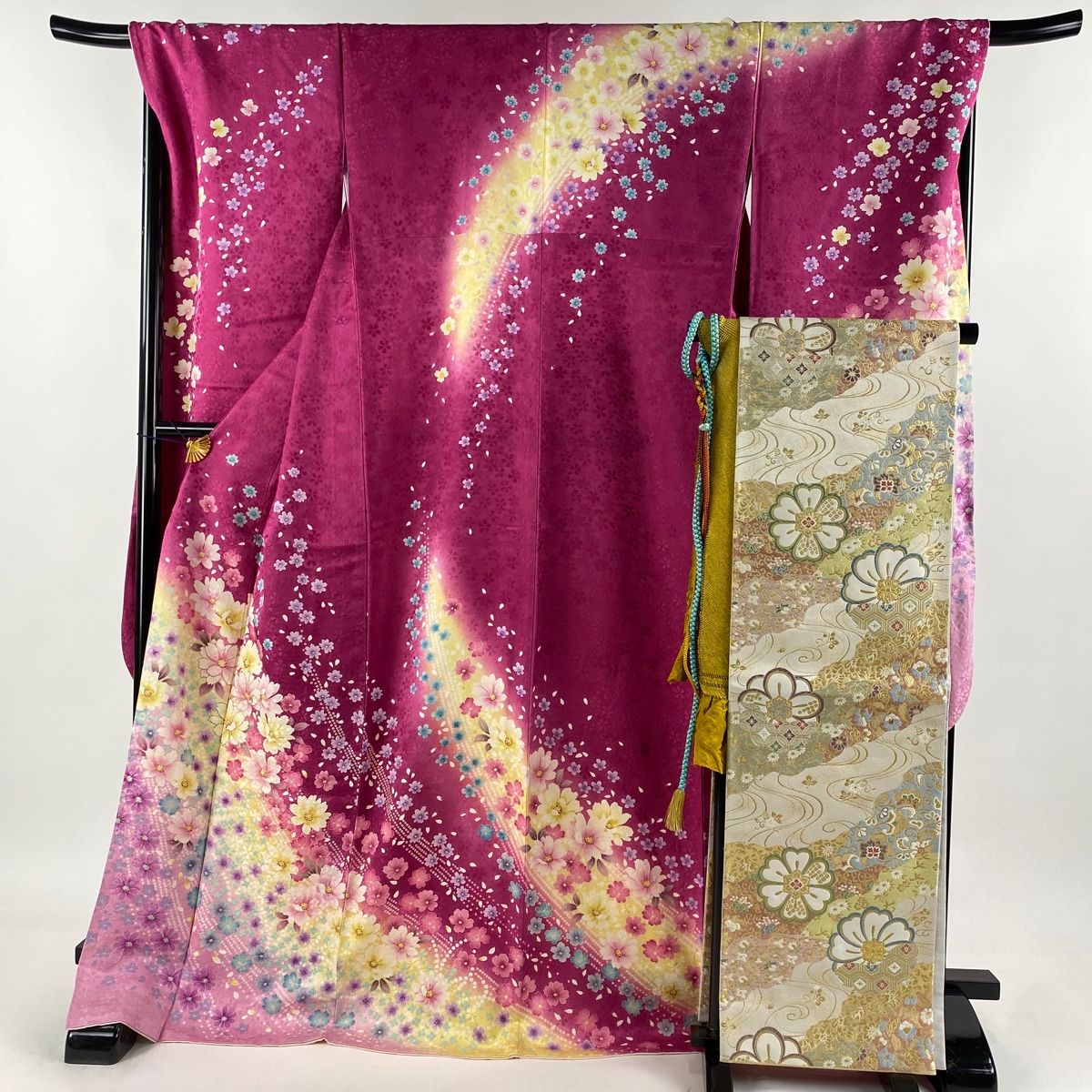 振袖 身丈172cm 裄丈70cm L 袷 袋帯フルセット 桜 花びら ラメ 染め分け 濃ピンク 正絹 名品