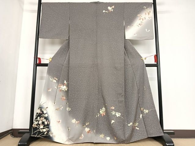D131-80 付下げ よし 正絹 広襟 裾模様全面 金彩花草文 胡桃染色