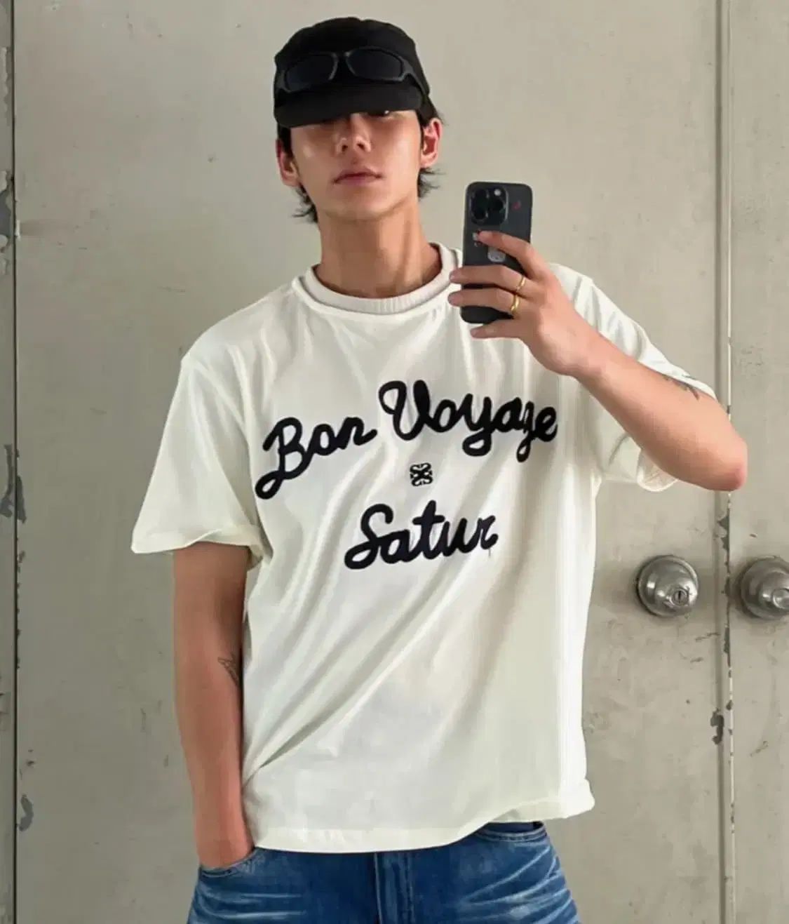 新製品 ( L ） SATUR(セター) 刺繍ロゴ 半袖Tシャツ アイボリー