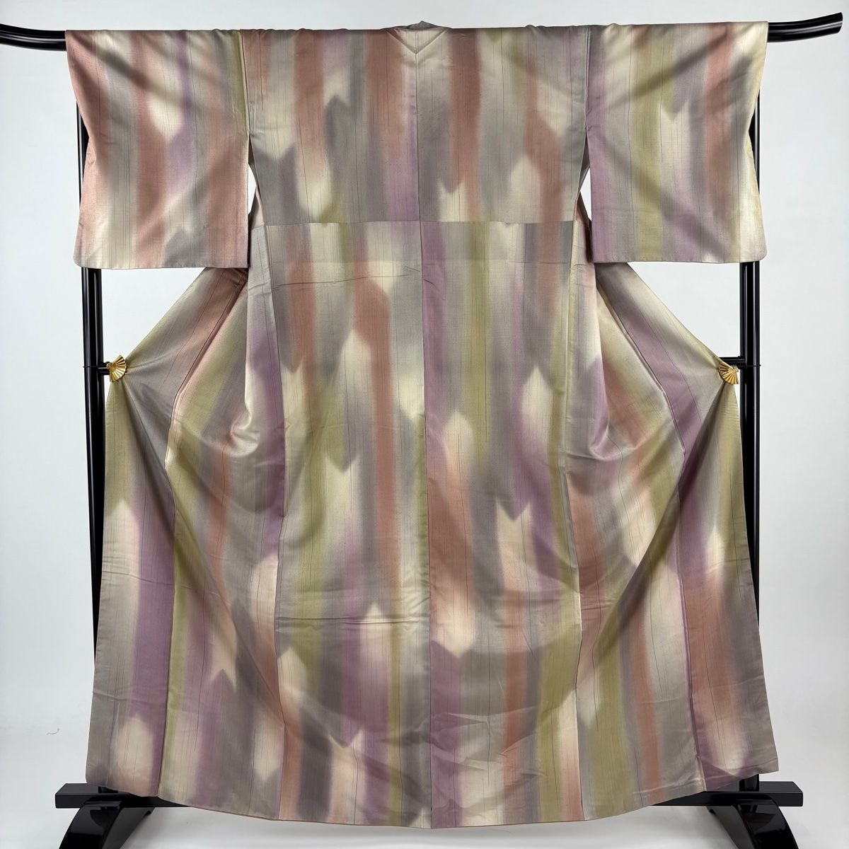 小紋 身丈163cm 裄丈68.5cm L 袷 紬地 縦縞 幾何学 ぼかし 灰紫 正絹 秀品