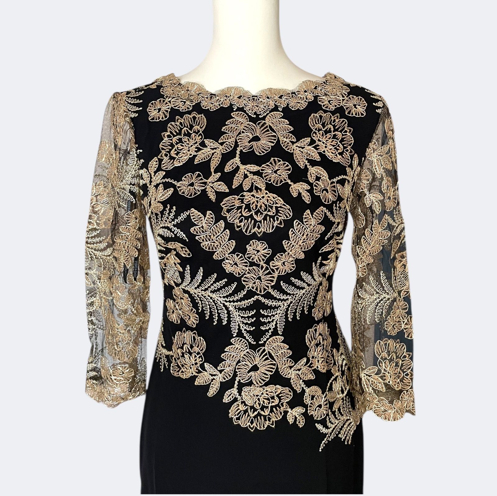 新品◇TADASHI SHOJI タダシショージ 上品ゴールドお花刺繍レース 