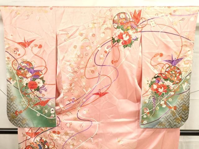 七五三、十歳のお祝いに★アンティーク　折り鶴に麻の葉、花模様着物セット 1AP3895000.webp