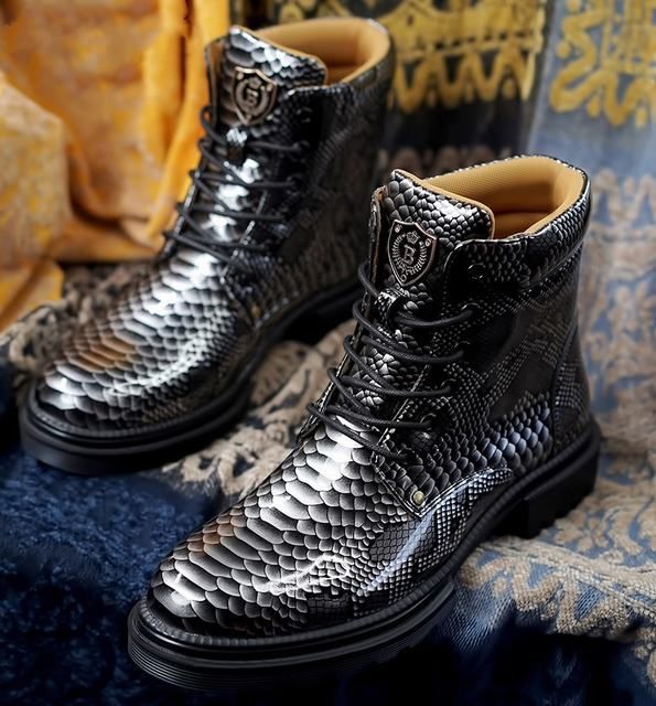 ブーツ メンズブーツ シューズ マウンテンブーツ レザー 蛇柄 レース