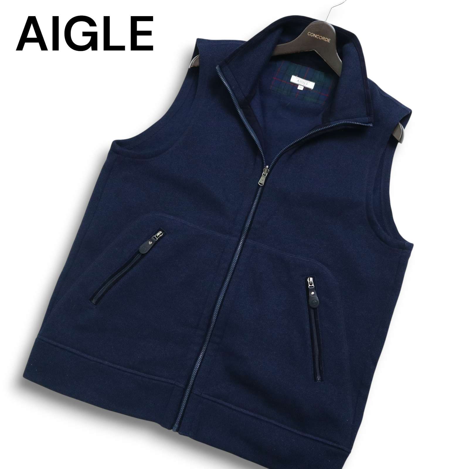 人気SALE，限定セール AIGLE エーグル 秋冬 THERMO KITO 裏起毛★ ジップアップ ニット ベスト Sz.XL メンズ 紺 ネイビー アウトドア 大きいサイズ ベスト