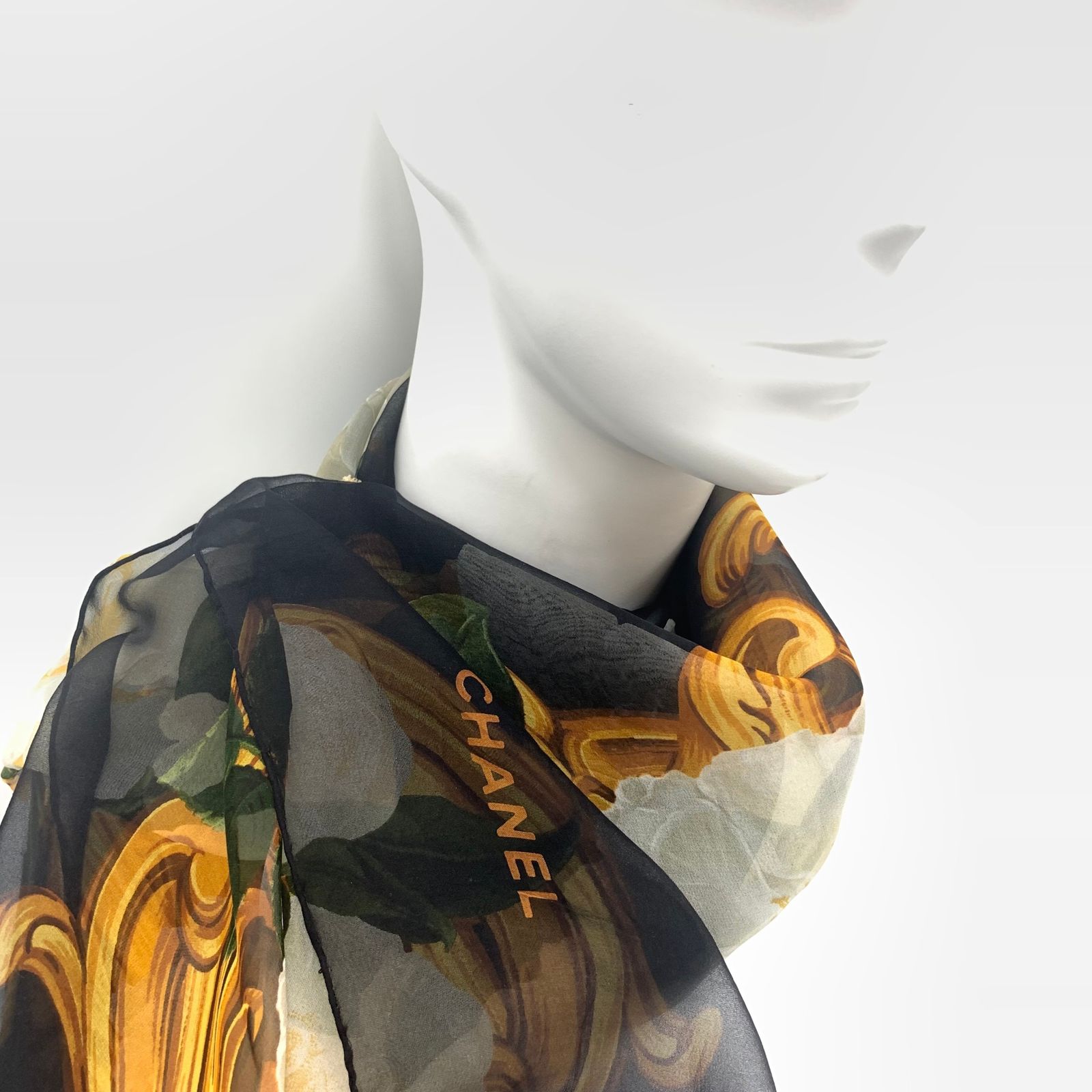シャネル 大判 シースルー スカーフ ストール カメリア 花柄 ブラック