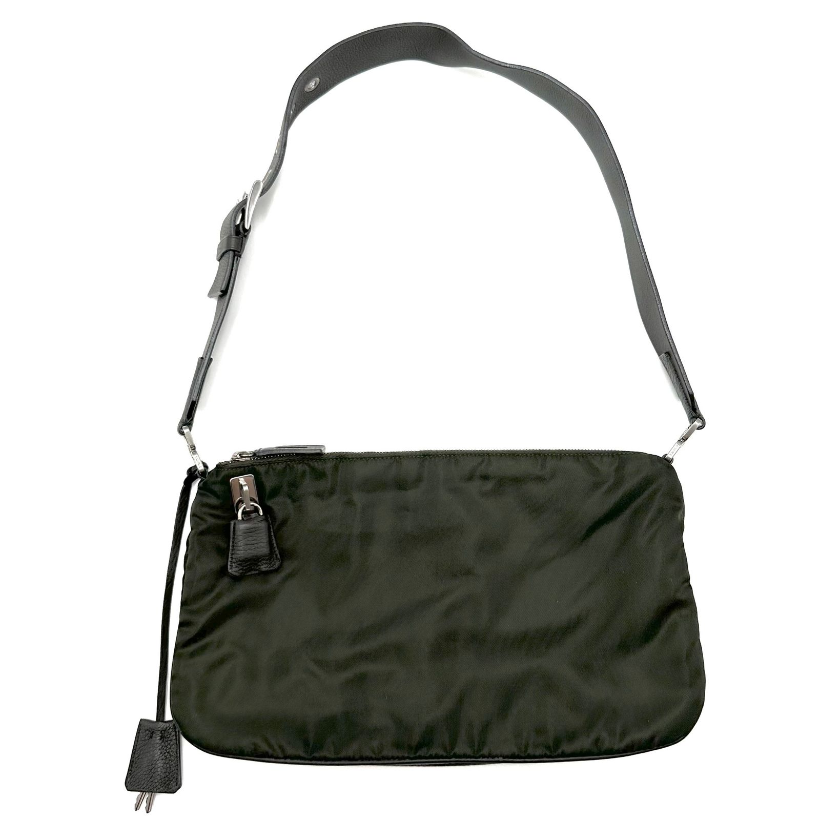 美品 PRADA プラダ ショルダーバッグ ナイロン 三角ロゴ カーキ 斜め