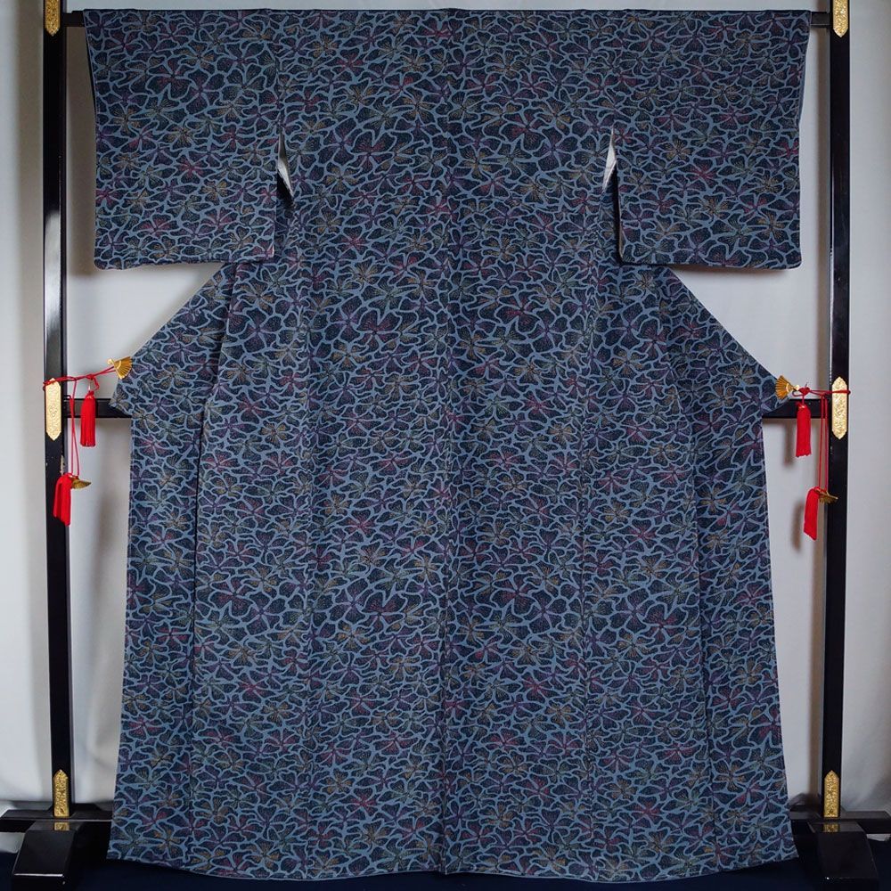 【未使用に近い極美品】正絹　単衣の小紋フルセット　丹後ちりめん　八寸名古屋帯 Prices down2）正絹 小紋 反物 着物「格子 藍鼠色」日本製 丹後