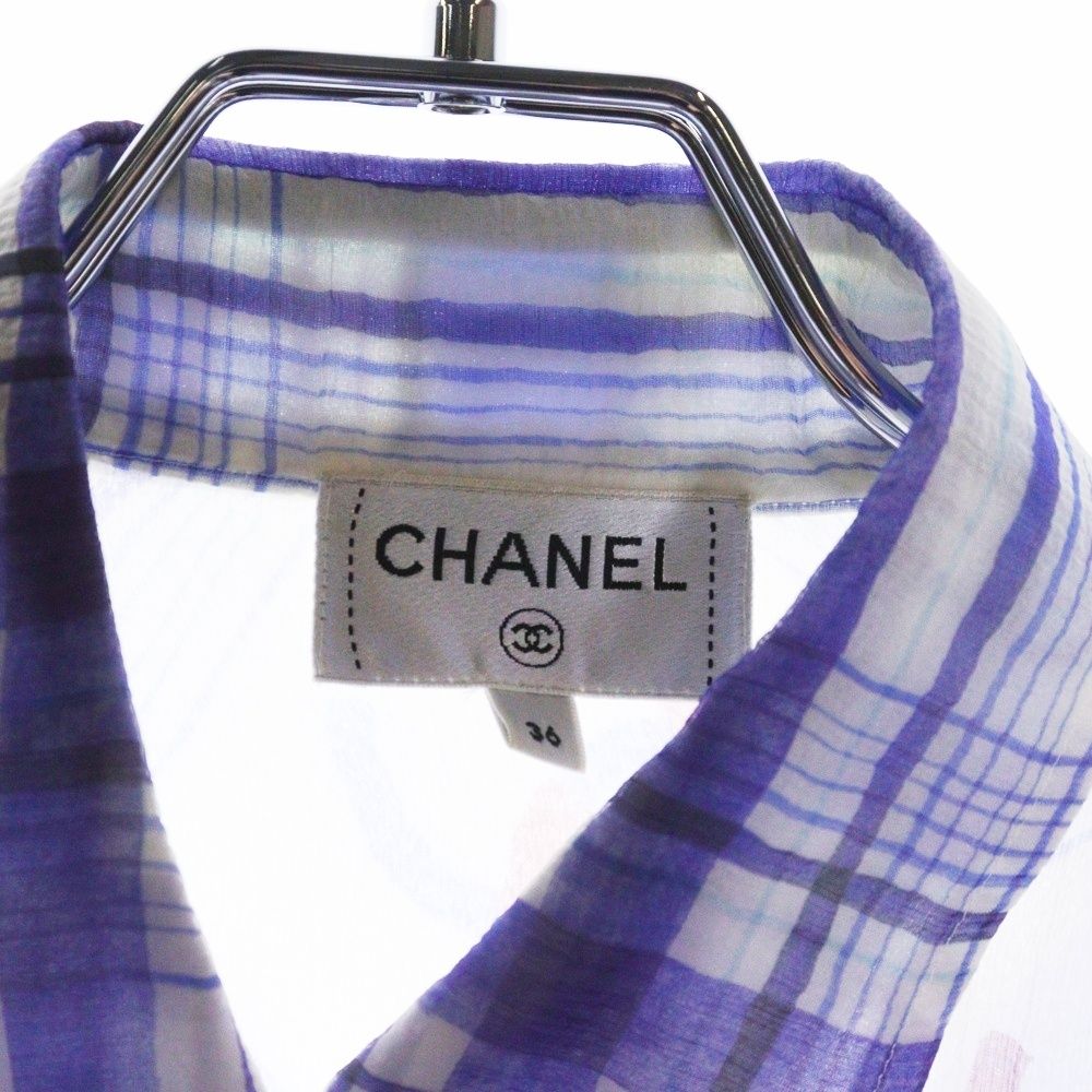 CHANEL シャネル ココマーク プリント ボタン ポケット シルク シャツ ブラウス ブルー/ホワイト レディース P74508V65980 CHANEL (シャネル) ココマーク プリント ボタン ポケット シルク