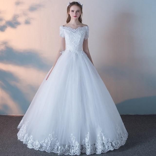 Aラインドレス ウェディングドレス オフショルダー ホワイトドレス 半袖 Vネック ハイウエスト 着痩せ 結婚式ドレス 花嫁 ブライダルドレス