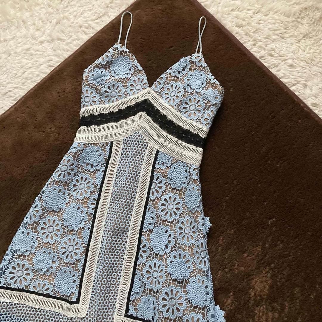 Self-Portrait セルフポートレイト キャミソールワンピース ドレス ロング ミディ丈 総レース 立体 花柄 フラワー フ Aライン Floral Panel Midi Dress ライトブルー ホワイト UK6 US2サイズ