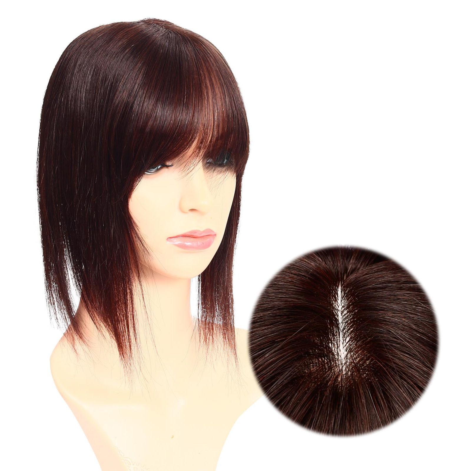 人工皮膚 自然 ヘアピース 増毛 薄毛隠し 女性 生え際 軽量 頭頂部 通気 白髪隠し 部分ウィッグ 円形脱毛症 医療用ウィッグ 人毛 ネットサイズ8×12cm ぱっつんバング 栗色 YOYO 30cm