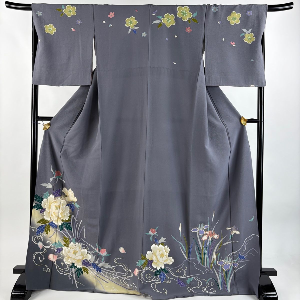 訪問着 身丈171cm 裄丈68cm L 袷 牡丹 流水 金銀彩 ぼかし 灰色 正絹 秀品