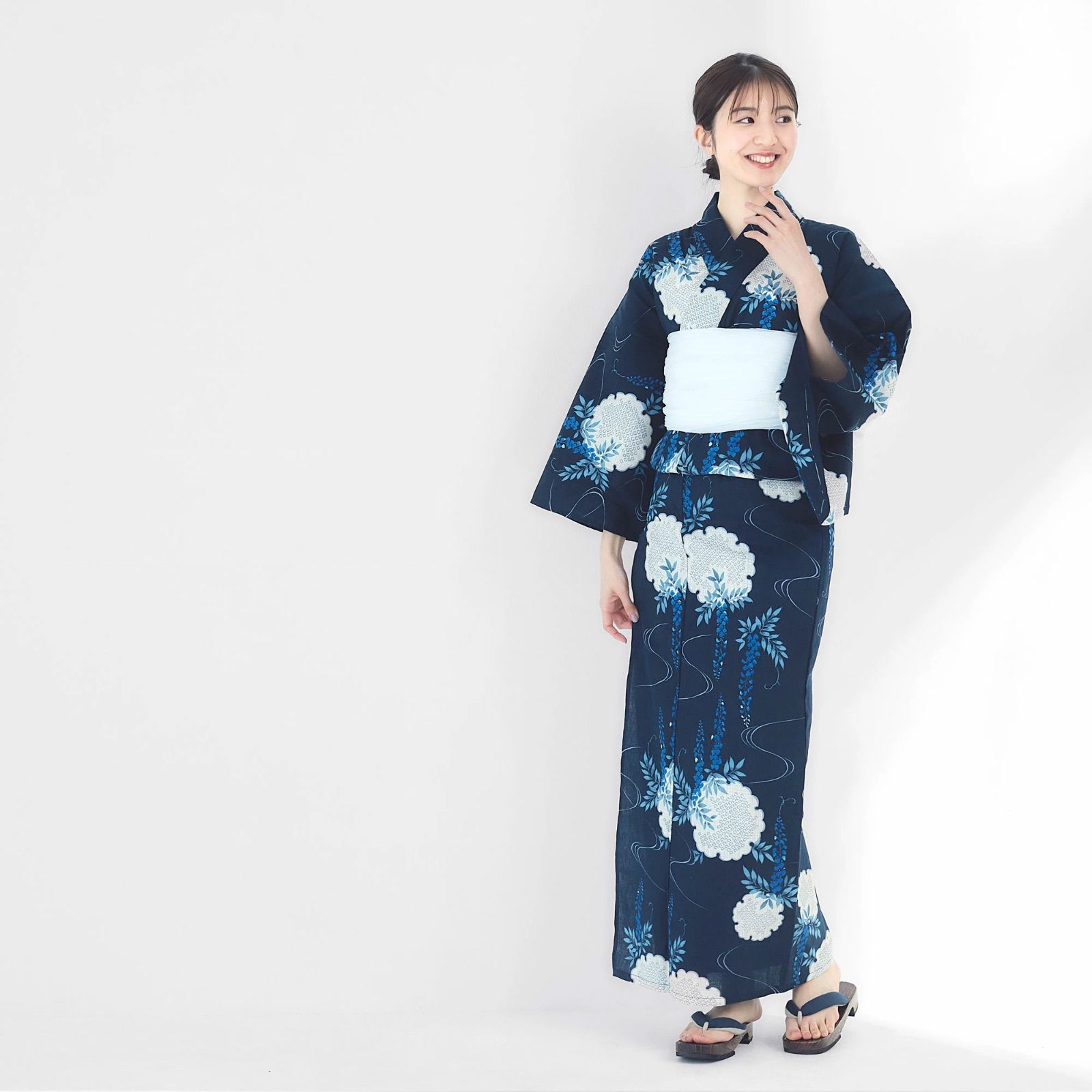 レディース 浴衣 単品 綿麻【 濃紺色 藤の花 雪輪 古典柄】上品
