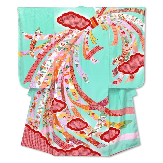 七五三 7歳 女の子用 着物セット 正絹 女の子 絞り染 金駒刺繍 絵羽柄の子供着物 コーデセット 浅葱色 熨斗に鞠 IYS1017i15-18MM