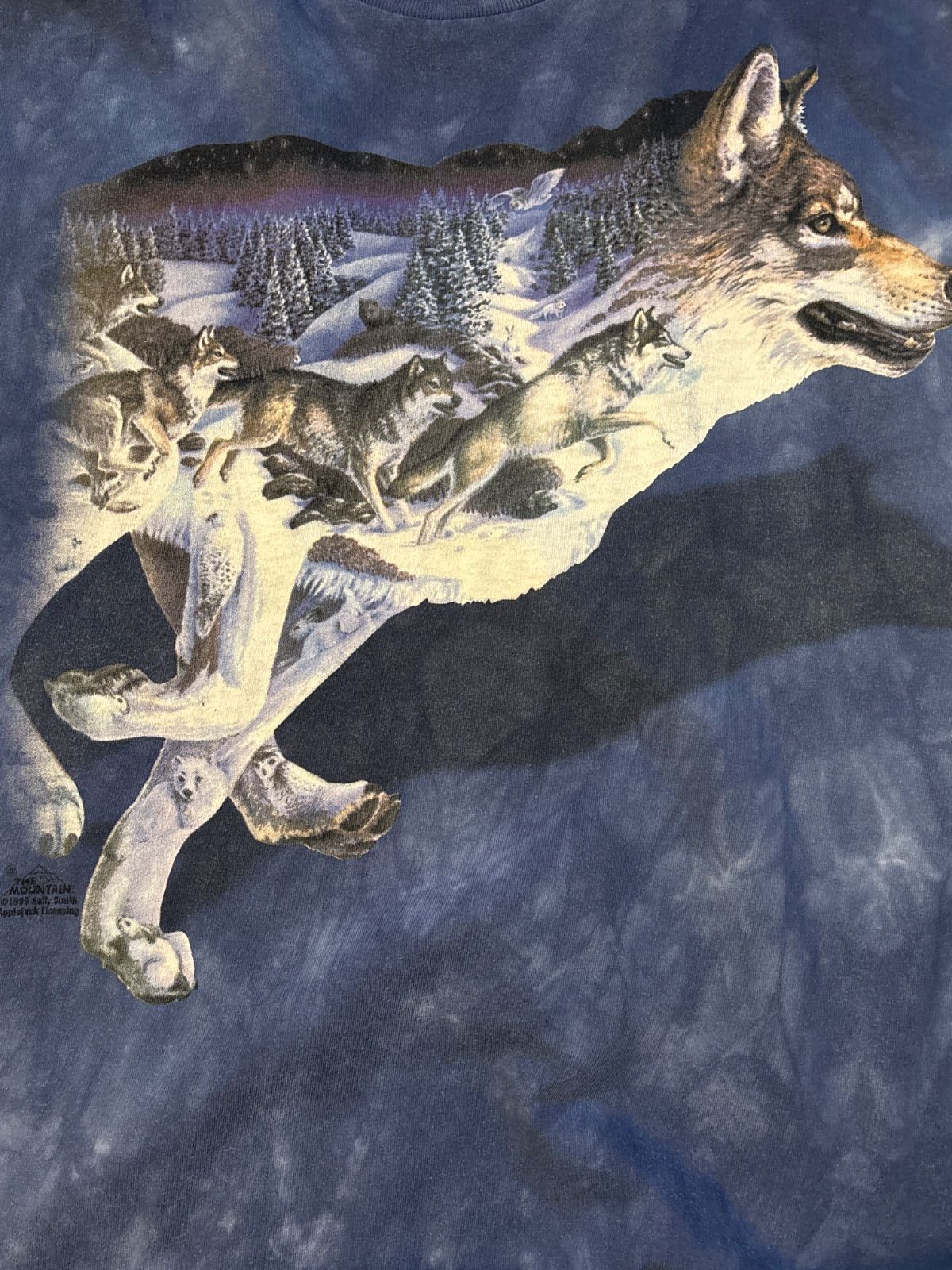 90s 古着 海外 Tシャツ THE MOUNTAIN マウンテン　ネイビー　タイダイ　ＸＬ　アニマル 狼　オオカミ　ウルフ　ビッグシルエット　ヴィンテージ　tシャツ