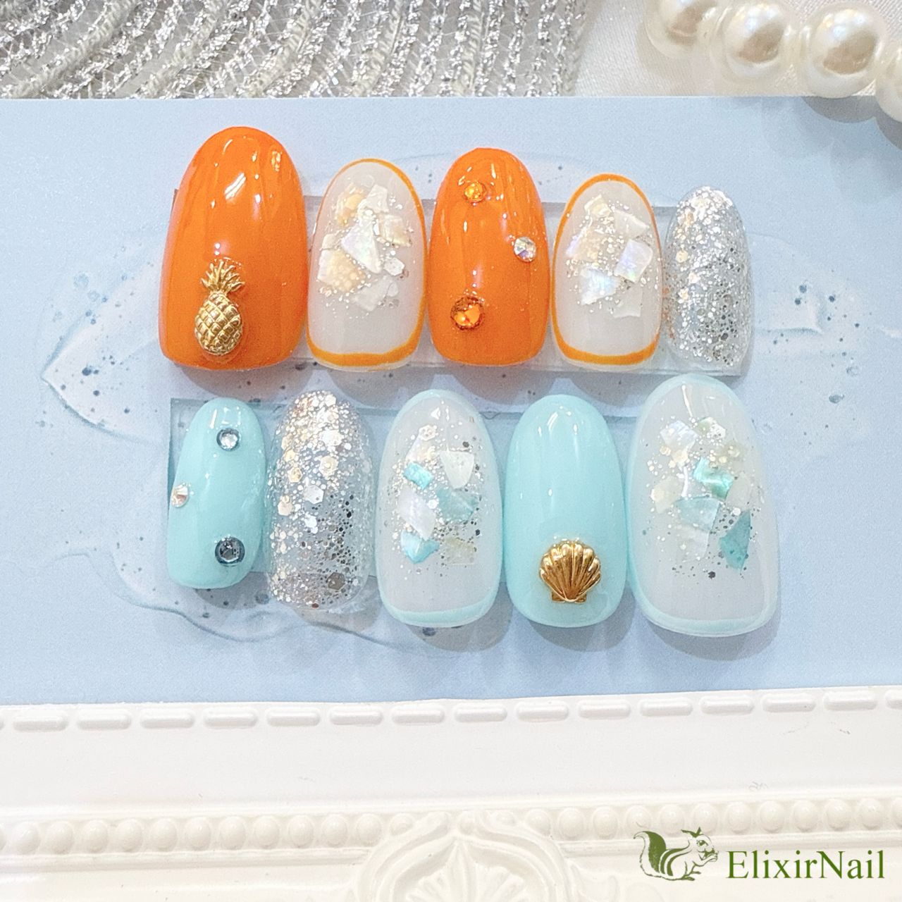 現品】ネイルチップ オレンジ 水色 夏ネイル - メルカリ