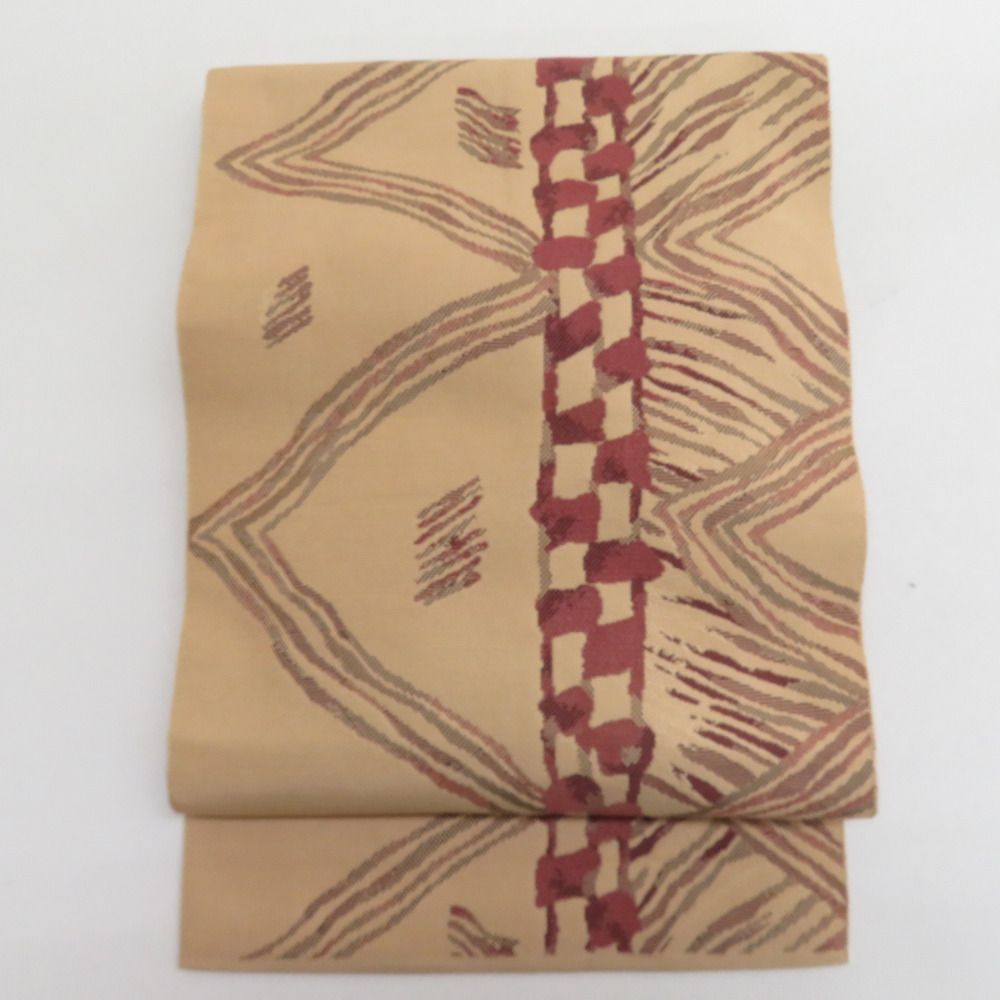 名古屋帯 正絹 クリーム色x多色 パステル系 横縞に幾何学模様 六通柄