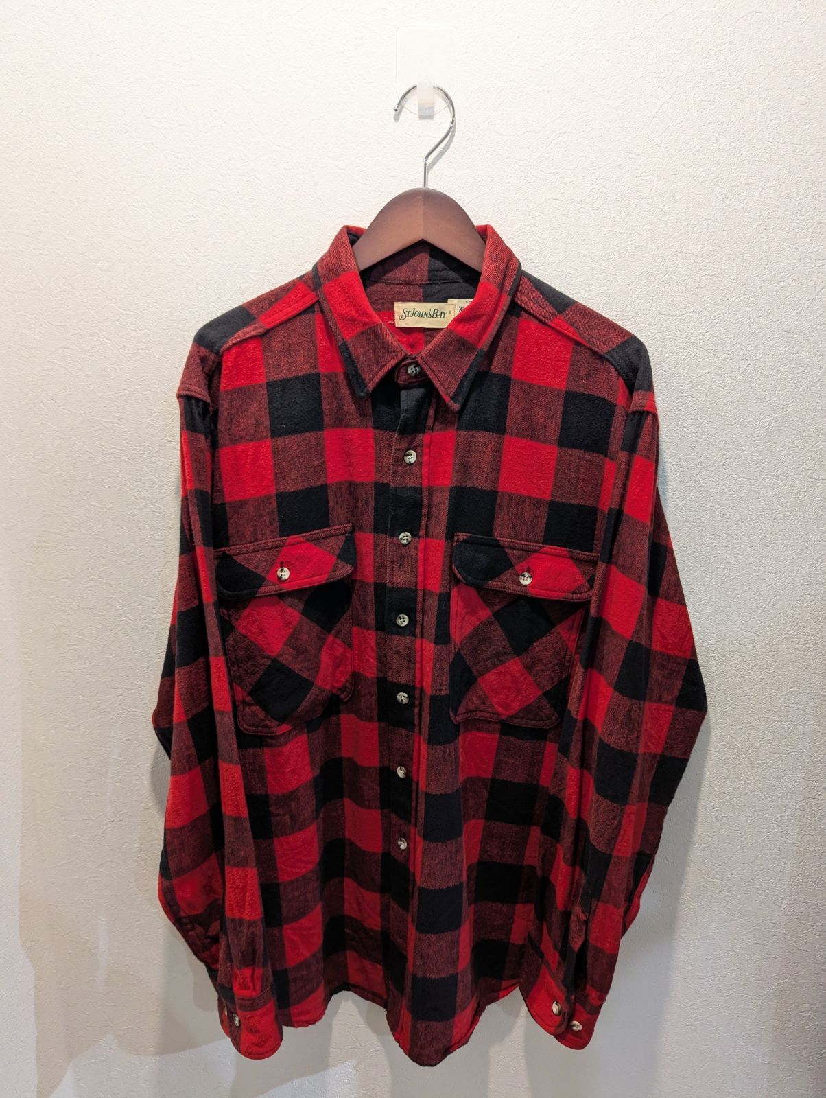 90 s ST JOHN S BAY セントジョンズベイ シャツ フランネル ブロックチェック 赤系 コットン 長袖