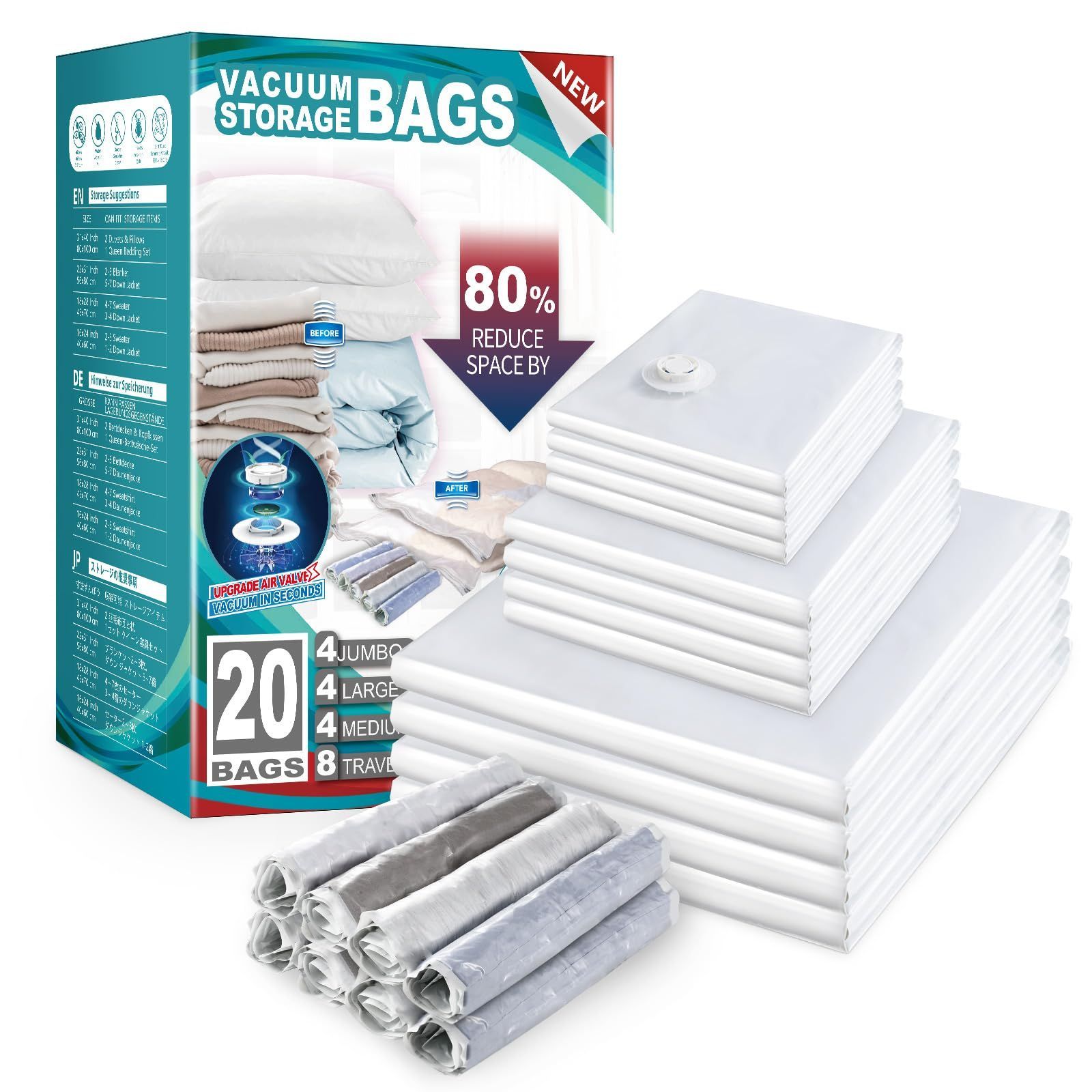 【数量限定】TAILI 圧縮袋 旅行 衣類圧縮袋 20枚入 布団圧縮袋 あっしゅく袋 ふとん圧縮袋 真空パック 洋服 掃除機対応 防塵防湿 座布団用 ぬいぐるみ 小物収納 家庭用 引越し 出張 80*100cm(4枚) 56*80cm(4枚) 45*70cm(