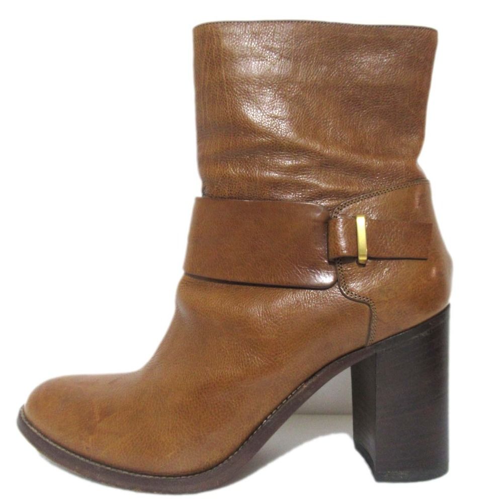 SARTORE サルトル レザー チャンキーヒール ハイヒール ショートブーツ サイズ37 約24cm キャメル×ゴールド金具 レディース 古着