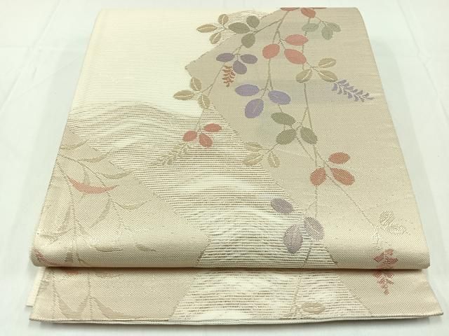 5k2003 袋帯　絹　両面全通　丸帯風　鶴　扇子　白　金色　赤　緑　花柄　和装 5k2003 袋帯 絹 両面全通 丸帯風 鶴 扇子 白 金色 赤 緑 花柄