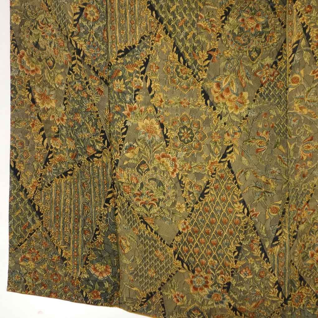 小紋 身丈155cm 裄63cm 前幅24cm 後幅29cm 袖丈49cm 袖幅32cm レディース 袷 更紗 裄Mサイズ 秋冬春用 正絹 シルク グリーン リメイク リユース リサイクル 呉服のきくや