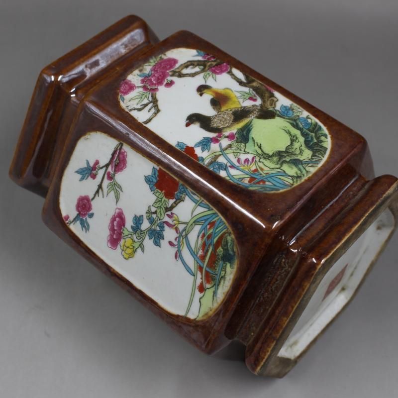 大清乾隆粉彩花鳥六方筆筒 景徳鎮 陶瓷器 書道具 文房具 工芸品