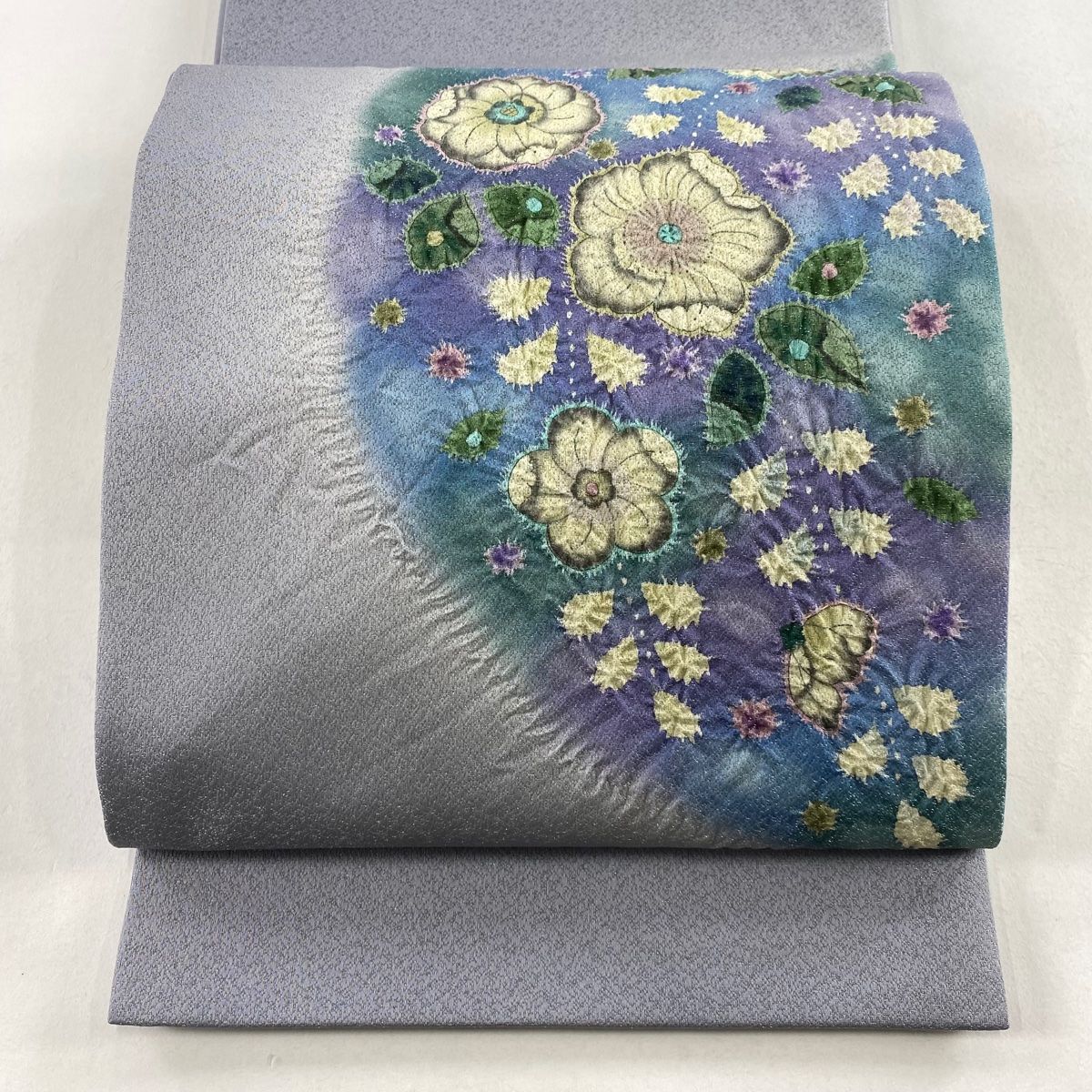 美品】 袋帯 名品 落款 辻が花 銀通し 灰色 お太鼓柄 正絹 【中古