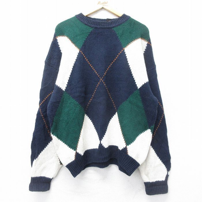 XL/古着 長袖 セーター メンズ 90s アーガイル 大きいサイズ クルーネック 紺他 ネイビー 24sep21 中古 ニット トップス