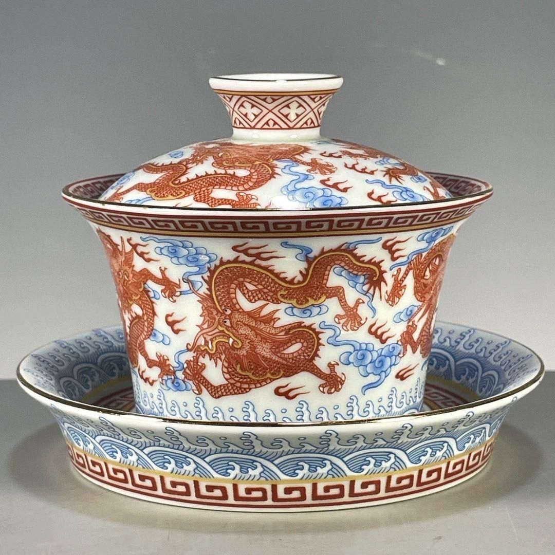 特別セーフ 中国茶器 景徳鎮 青花釉里紅竜紋三才蓋碗 茶杯 新品未使用 工芸品