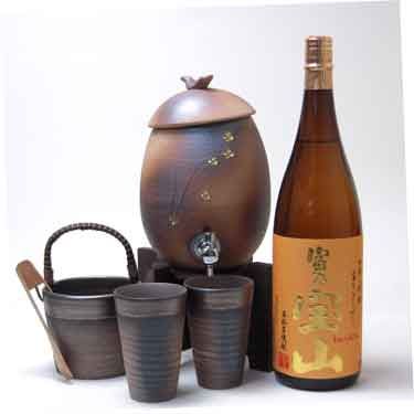 信楽焼・明山窯 焼酎サーバー 火色金小紋 2200cc(専用木台付き