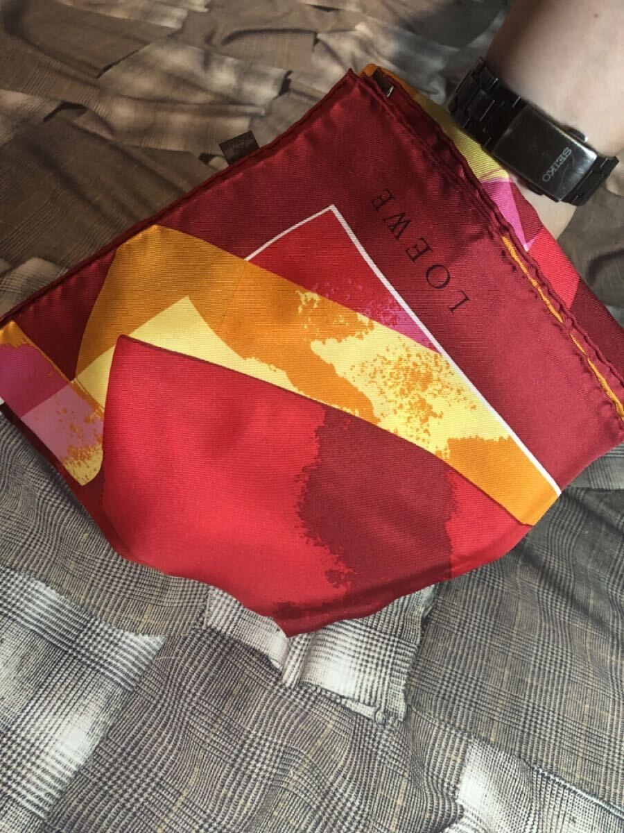 福岡 LOEWE ロエベ シルク スカーフ 総柄 レッド オレンジ イエロー FK