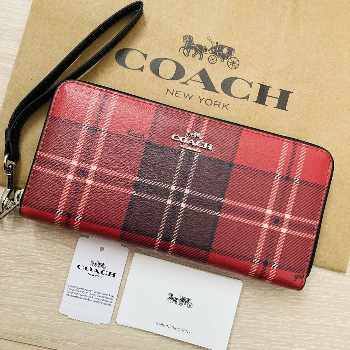 ☆ COACH コーチ 335 長財布 赤x黒チェック タータン レッド ブラック