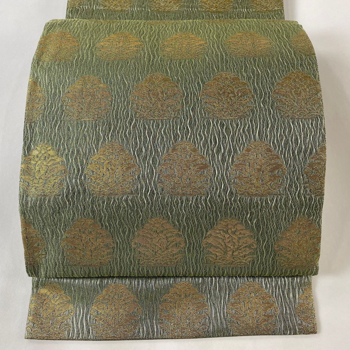 中古美品 袋帯 唐草花模様 金×緑系■N70805-6 中古美品 袋帯 唐草花模様 金×緑系□N70805-6（袋帯 名品 落款