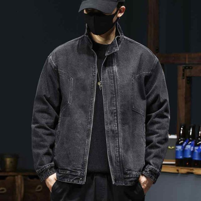 秋冬 コーデ メンズ 服 シンプル ファッション オシャレ 大人 かっこいい 大きいサイズ ストリート 紳士服 アメリカン レトロ スタンドカラー ブラック デニム ジャケット ゆったり カジュアル コート