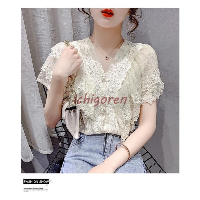 ブラウス レディース 40代 春夏 オシャレブラウス 白 韓国風 半袖トップス レースVネック tシャツ パフスリーブトップス 薄手 ゆったり 体型カバー 通勤 ブラウス レディース 40代 春夏新作 オシャレブラウス 白レース