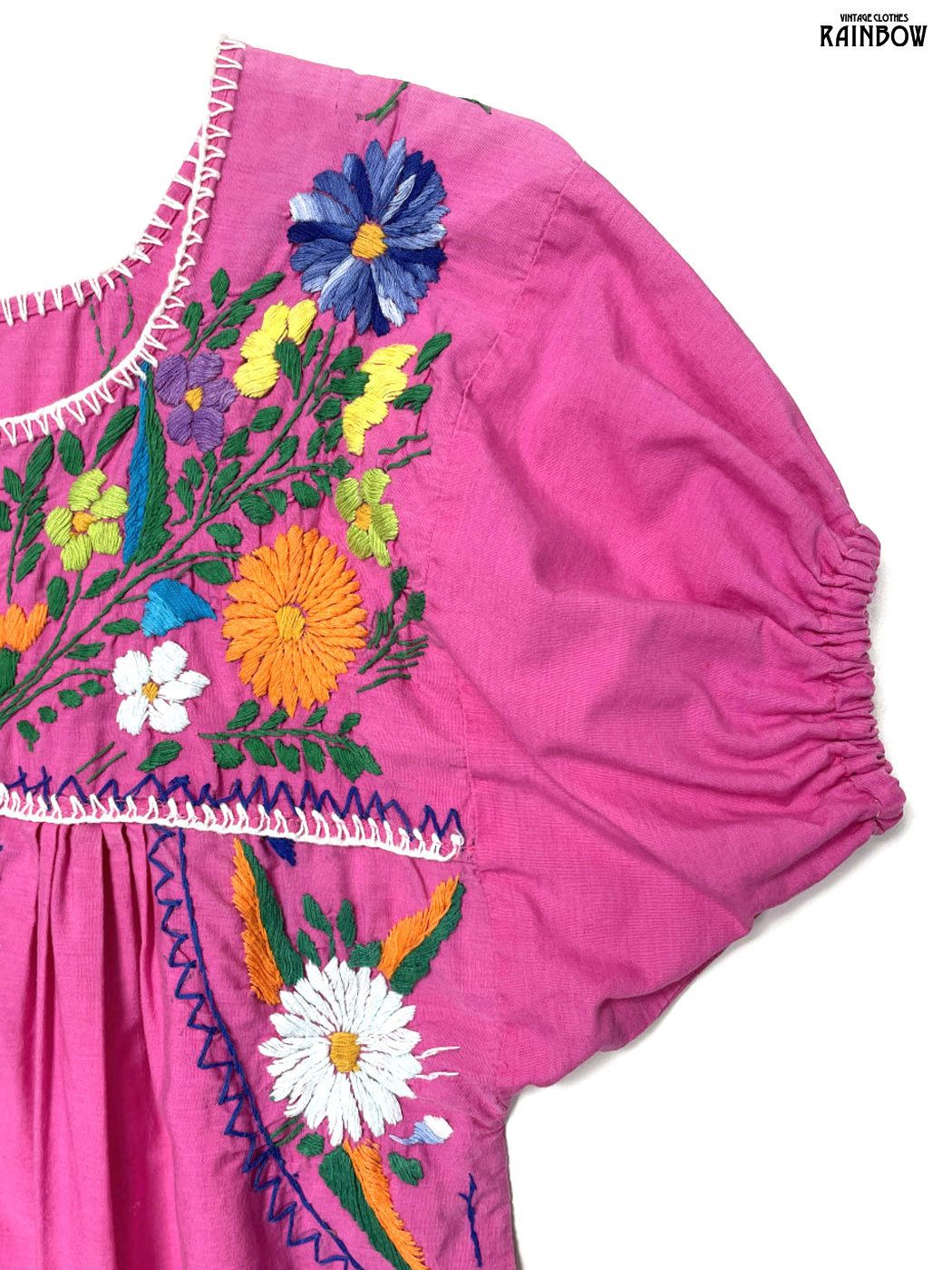 古着 メキシカン刺繍 スリット 花柄 コットン ロング丈 半袖