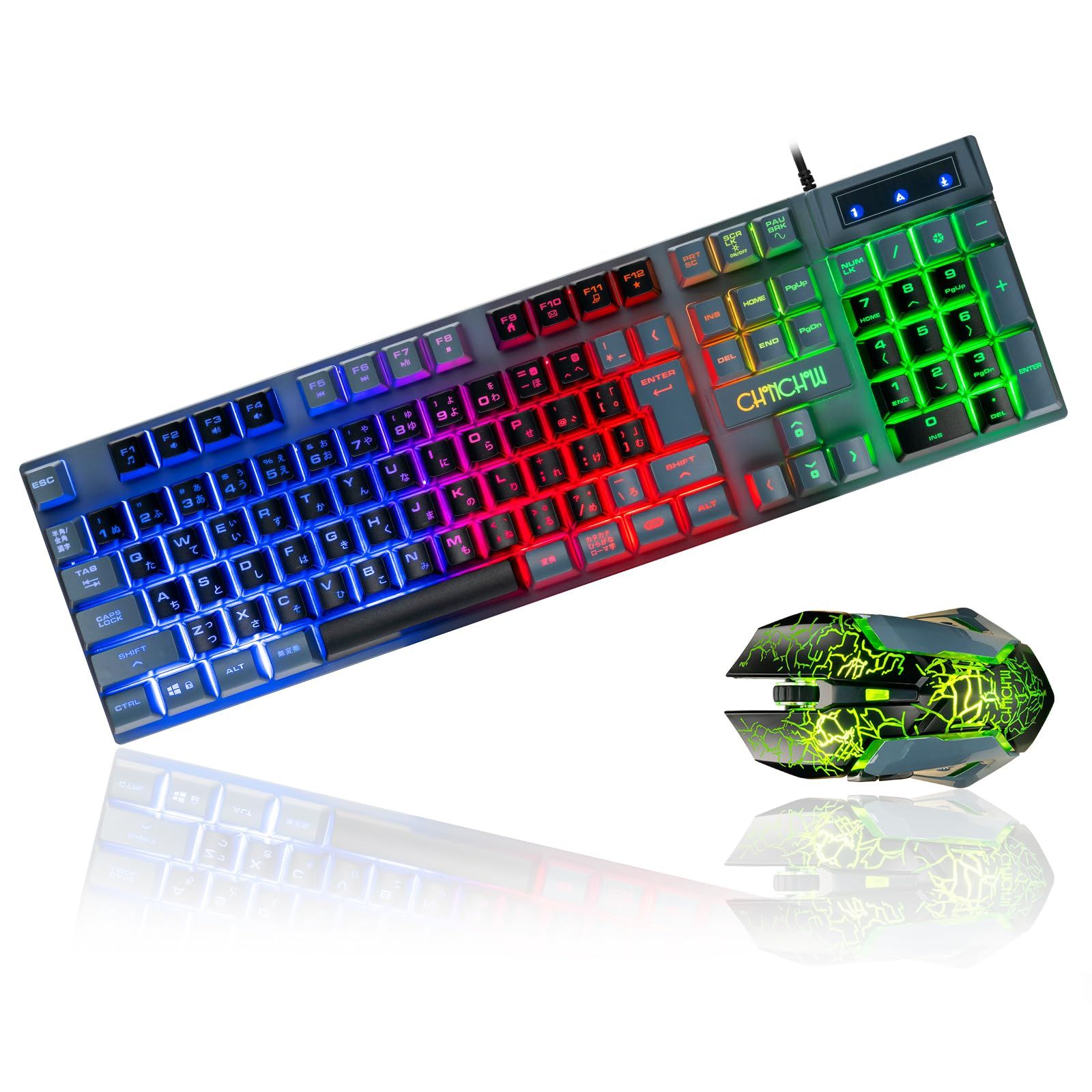 日本語配列 7色ゲーミングマウス「無変換」/「変換」キー付き テンキーレス ps4/ps5対応 光る 有線 スイッチ 4段階DPI 19キー防衝突 ゲーミングキーボードマウスセット 108キー PC/Windows/Mac CHONCHOW
