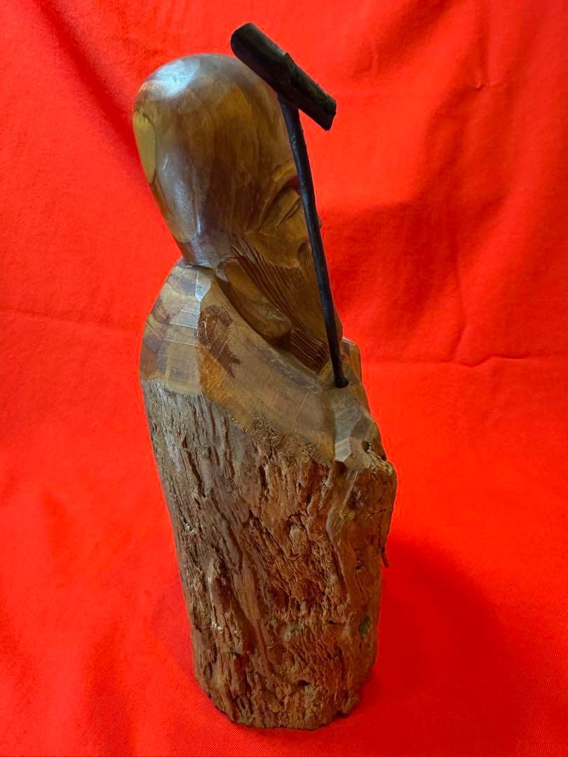 木彫 福禄寿 七福神 彫刻 無銘 笑顔の老人像 杖付き - メルカリ